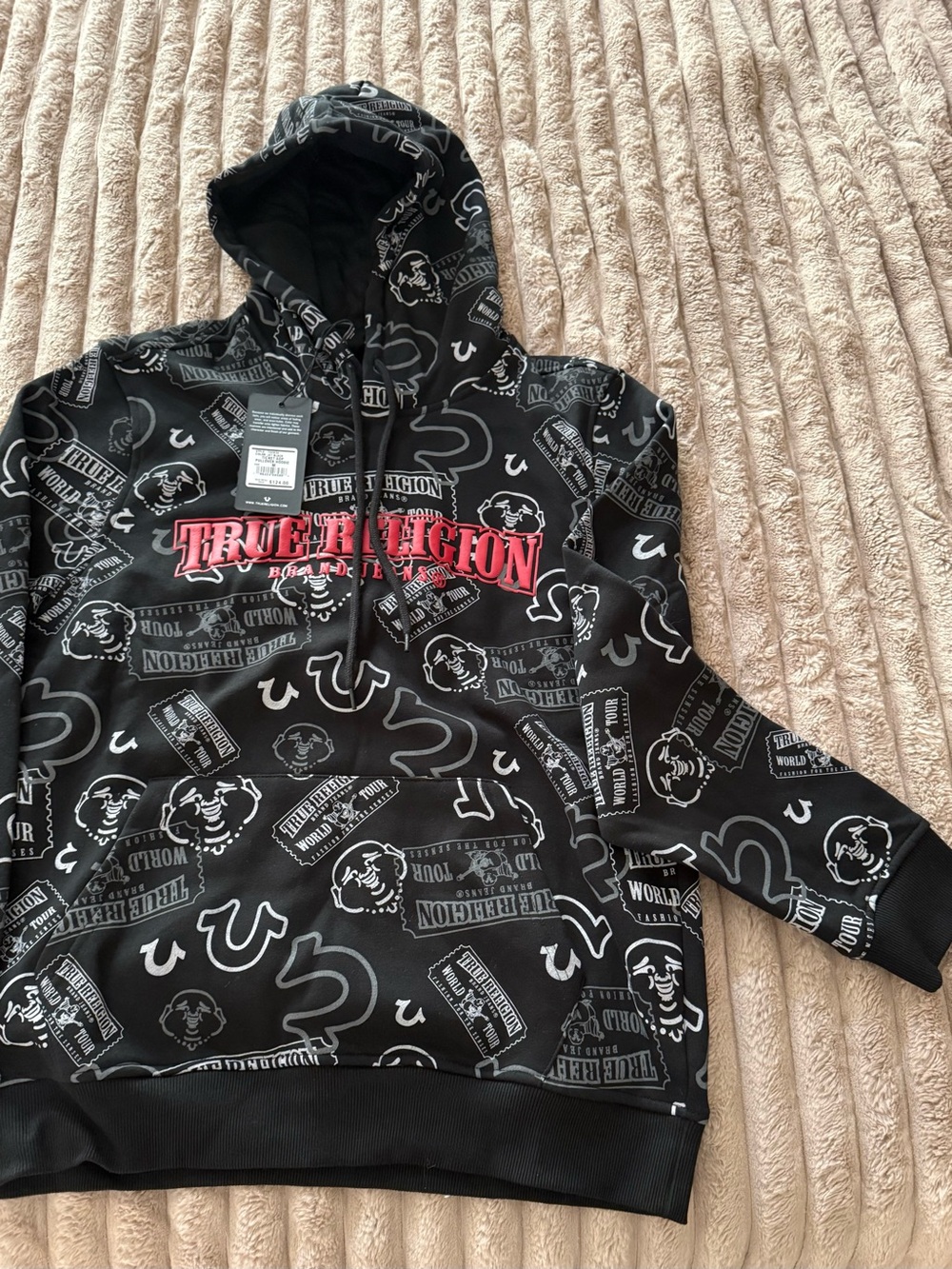 True Religion Black Hoodie with Red Chest Logo and Gray Allover Graphics - Picture 3 of 4